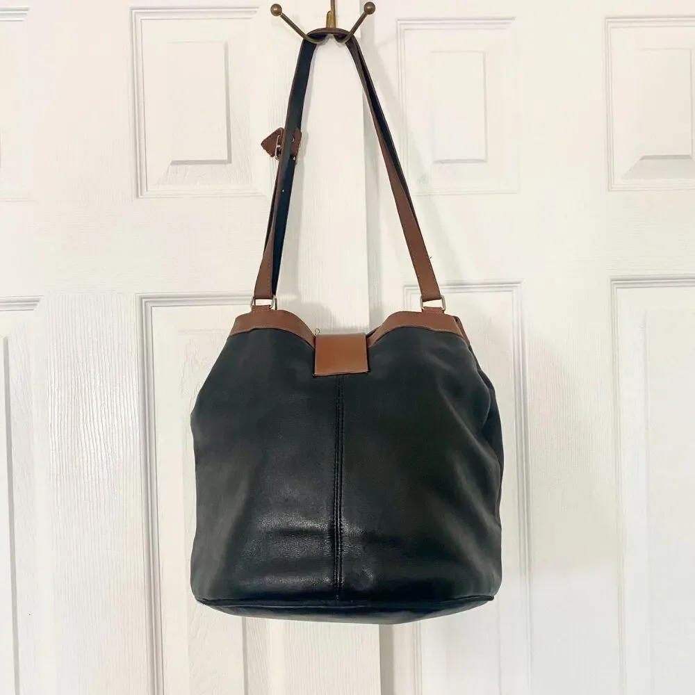 Vintage 90s Made In Austria Black Brown Soft Leather Hobo Shoulder Bucket Bag